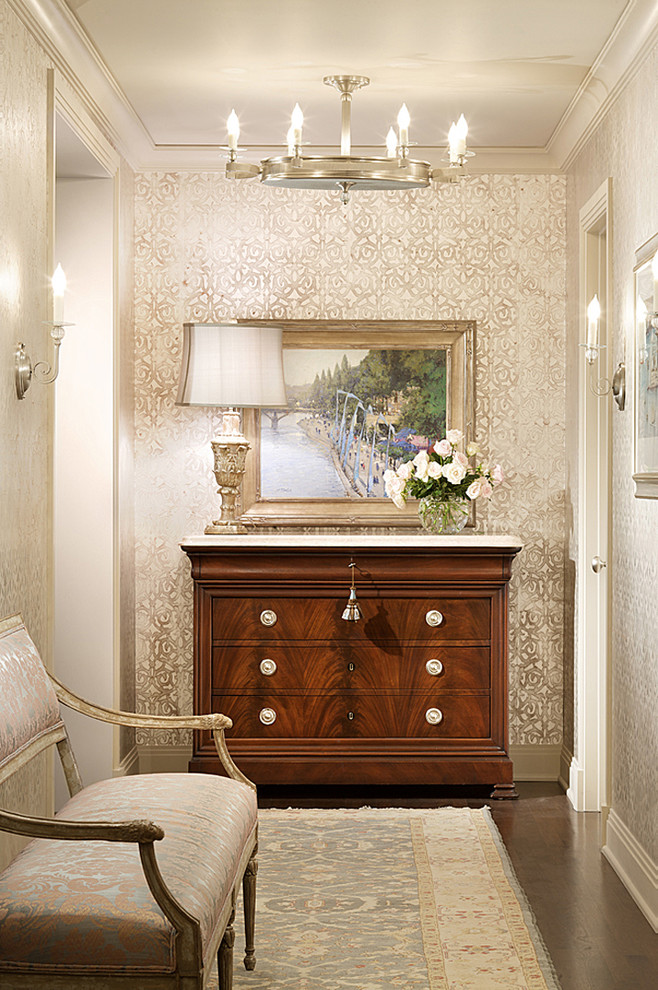 Modern Designer Wallpaper Hall Traditional with Bare Bulb Chandelier Chest