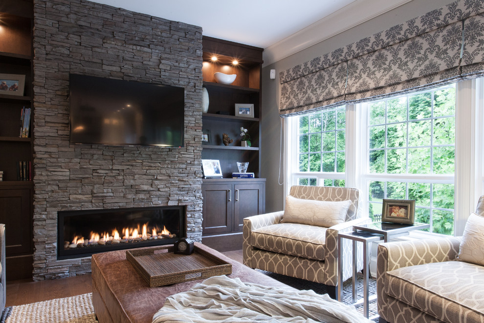 Modern Fireplace Mantels Family Room Traditional with Brown Ottoman Built in Bookcase