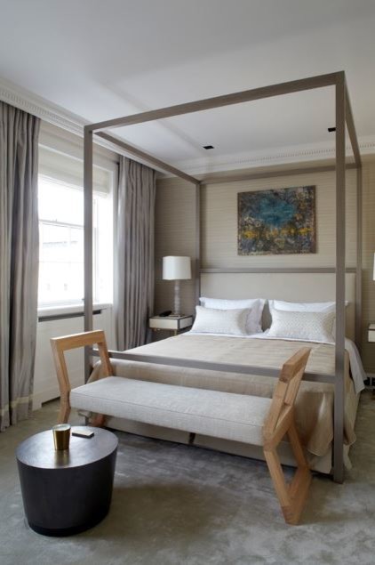 Modern Four Poster Bed Bedroom Contemporary with Bedside Table Brown Carpet