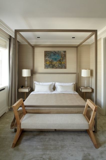 Modern Four Poster Bed Bedroom Contemporary with Bedside Table Brown Carpet1