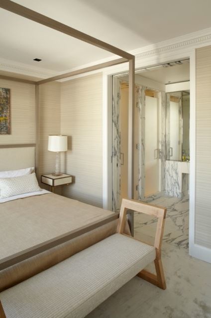 Modern Four Poster Bed Bedroom Contemporary with Bedside Table Brown Carpet2