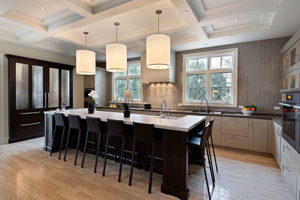 Modern Kitchen Tile Kitchen Transitional with Barrel Light Beige Cabinets