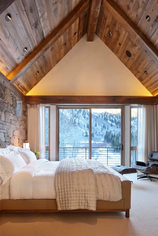 Modern Lounge Chair Bedroom Rustic with Balcony Beams Bed Bedding