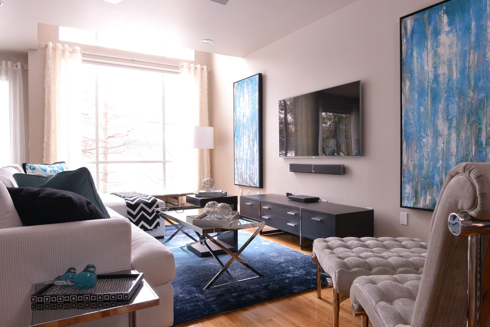 Modern Media Console Family Room Contemporary with Bold Wallpaper Bunching Ottomans
