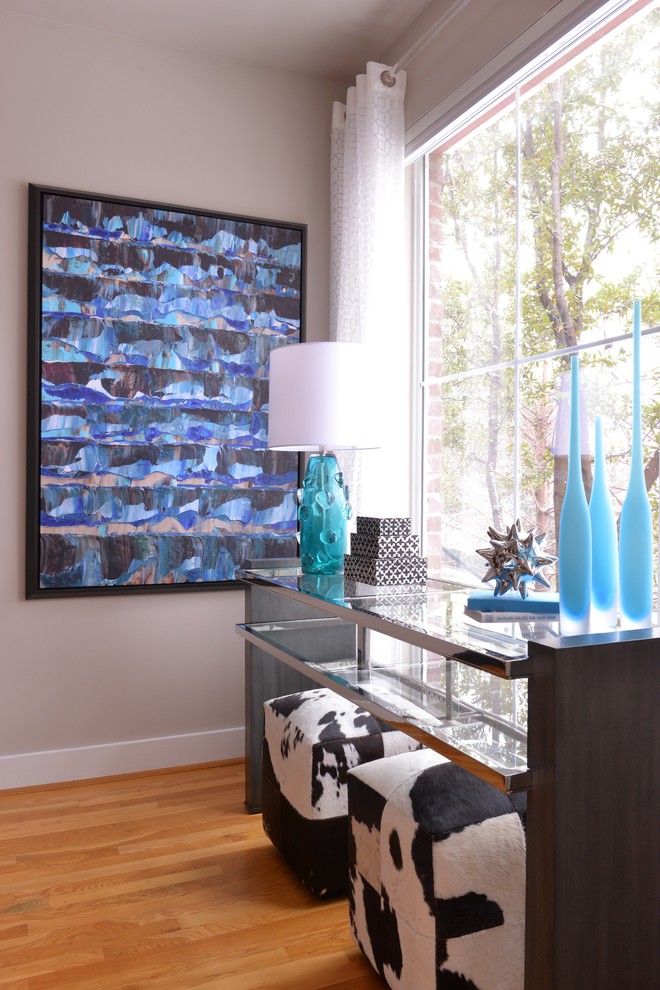 Modern Media Console Family Room Contemporary with Bold Wallpaper Bunching Ottomans1