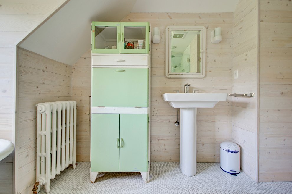 Modern Pedestal Sink Bathroom Farmhouse with Garbage Can Hexagon Tile