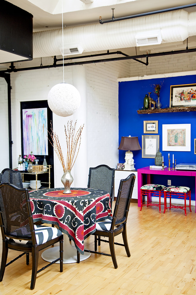 Modern Pendant Lights Dining Room Eclectic with Accent Wall Black Chair