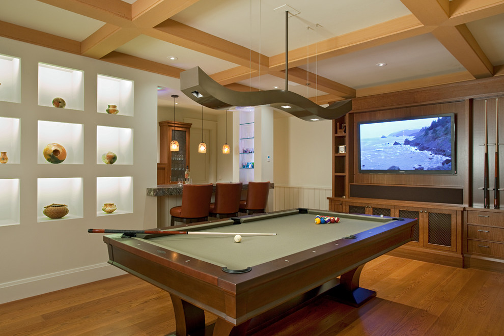 Modern Pool Tables Family Room Eclectic with Baseboards Billiards Billiards Lighting1
