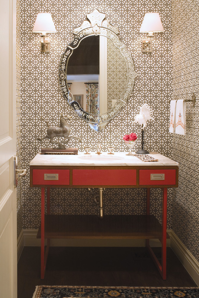 Modern Powder Room Vanity Powder Room Traditional with Accent Color Baseboards Bath