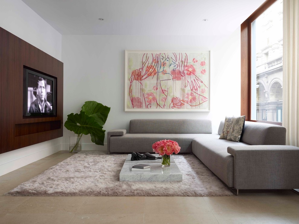 Modern Sectional Sofa Home Theater Contemporary with Abstract Art Accent Wall