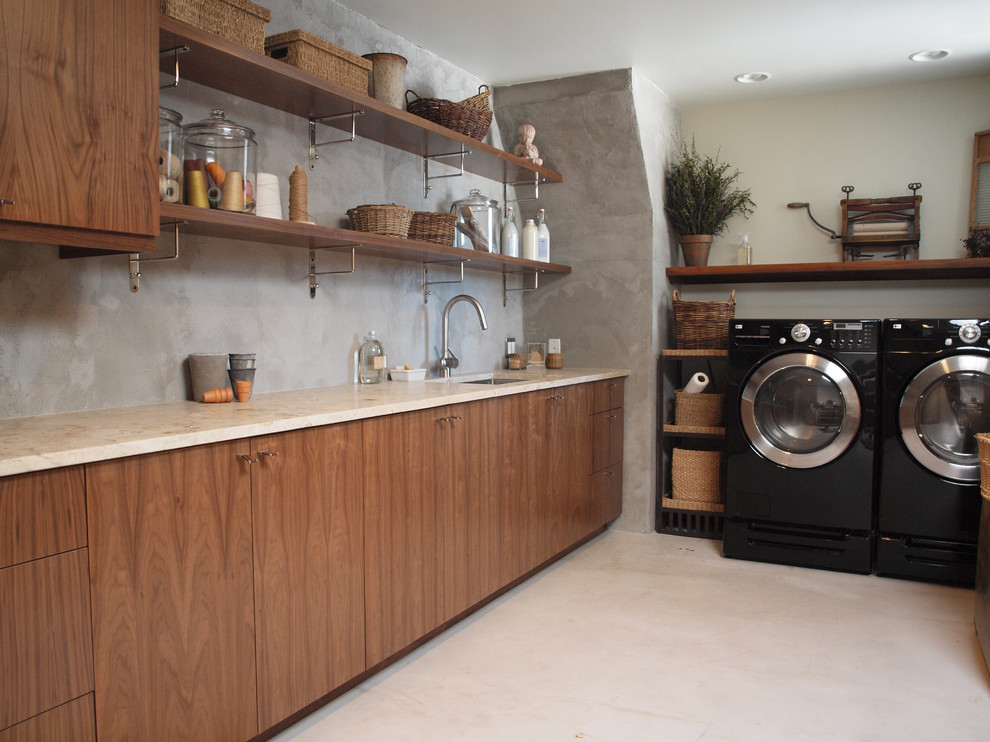 Modern Shelf Bracket Laundry Room Contemporary with Ceiling Lighting Concrete Walls