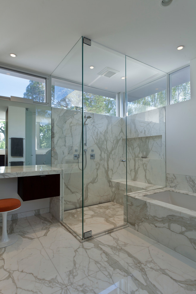 Modern Shower Bench Bathroom Modern with Clerestory Windows Concrete Frameless
