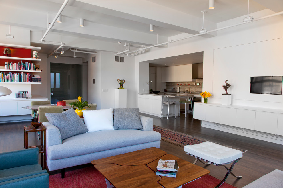 Modern Wall Shelving Living Room Modern with Dark Maple Wood Floors