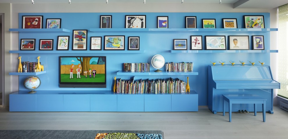Modular Wall Unit Family Room Eclectic with Blue Blue Painted Piano