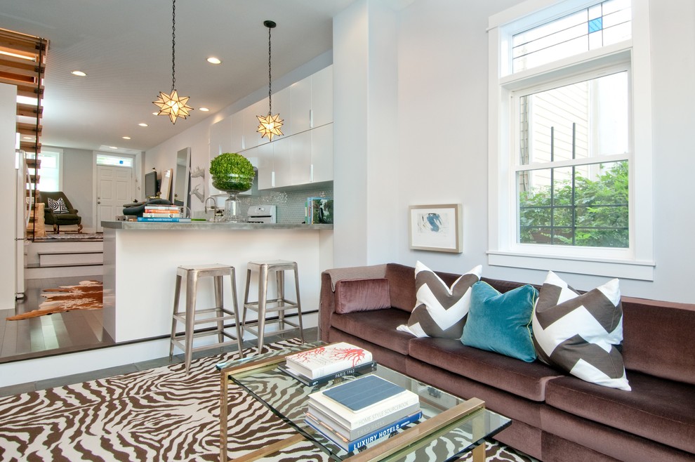 Morning Star Bamboo Flooring Family Room Transitional with Chevron Pillows Glass Table