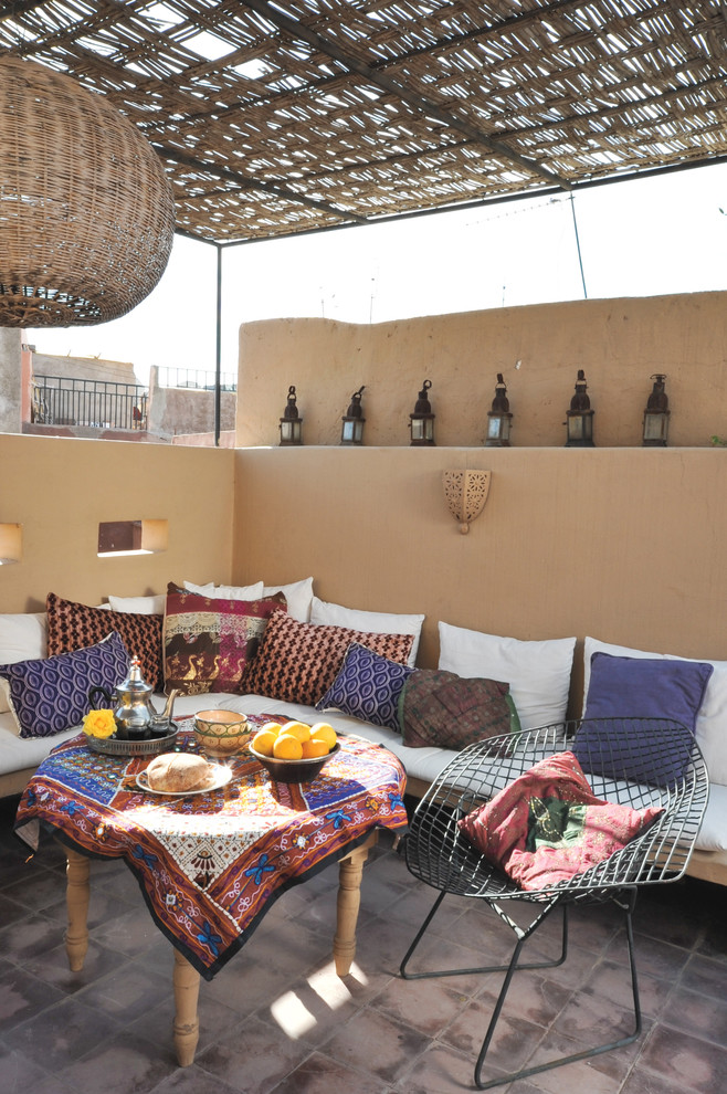 Moroccan Dining Table Patio Mediterranean with Bench Seat Chair Lanterns