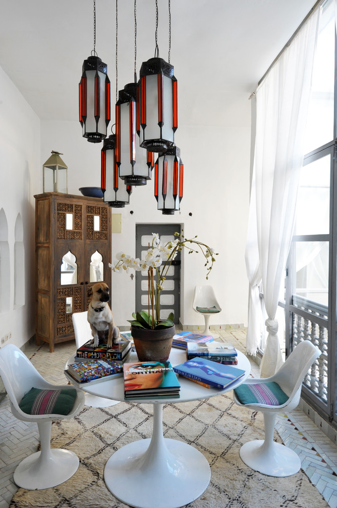 Moroccan Print Curtains Dining Room Mediterranean with Arched Openings Armoire Brick