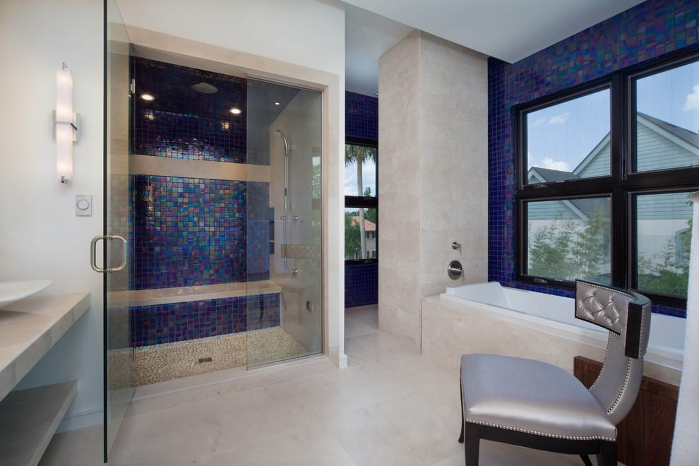Mosaic Shower Tile Bathroom Contemporary with Blue Tile Glass Shower