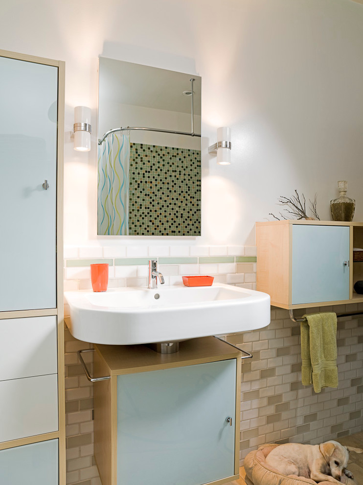 Mosaic Shower Tile Bathroom Contemporary with Floating Wall Cabinet Lighting