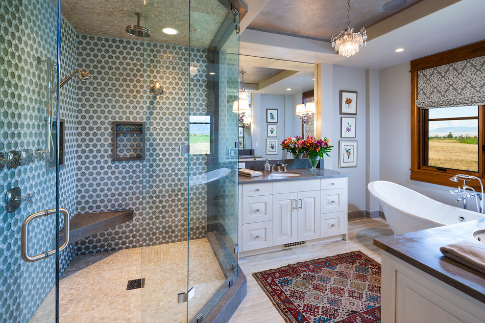 Mosaic Tile Shower Floor Bathroom Contemporary with Bathroom Chandelier Beige Mosaic