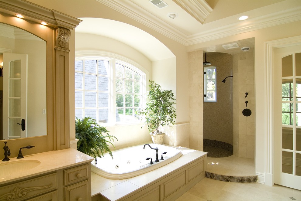 Mosaic Tile Shower Floor Bathroom Traditional with Arched Window Archway Bathroom