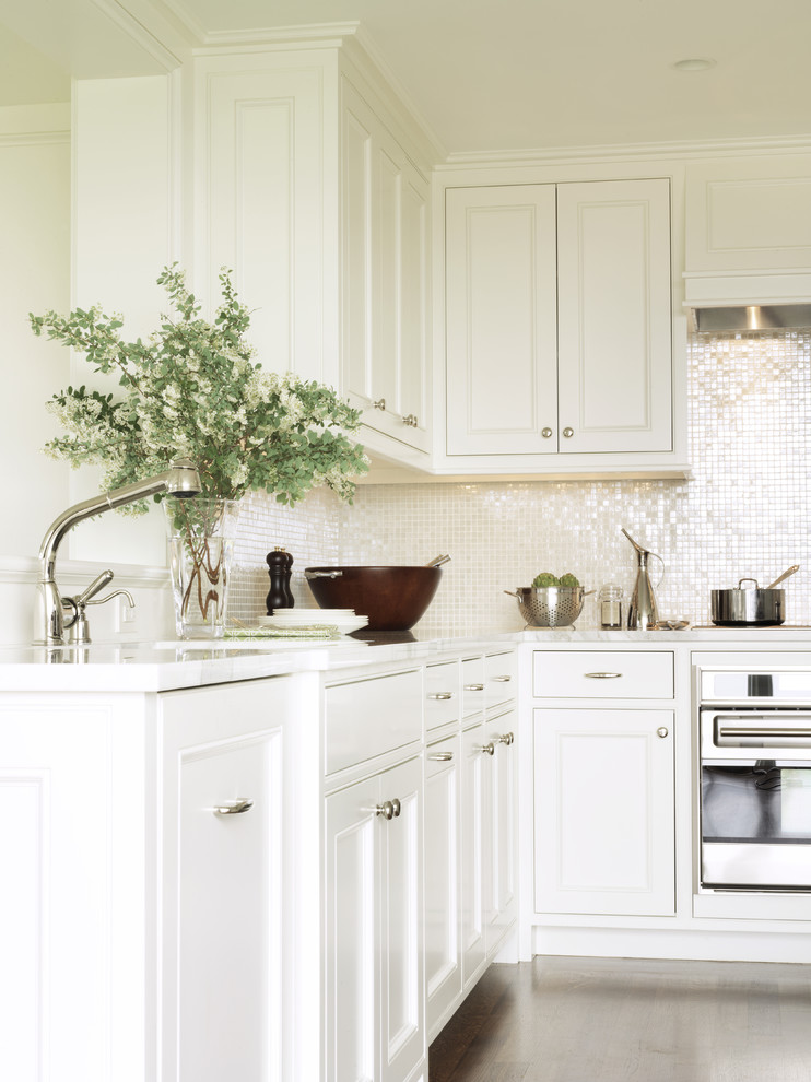Mother of Pearl Backsplash Tile Kitchen Traditional with Light Wood Floor Stainless