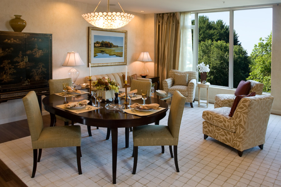 Mother of Pearl Chandelier Dining Room Transitional with Asisan Breakfront Drapery Panels