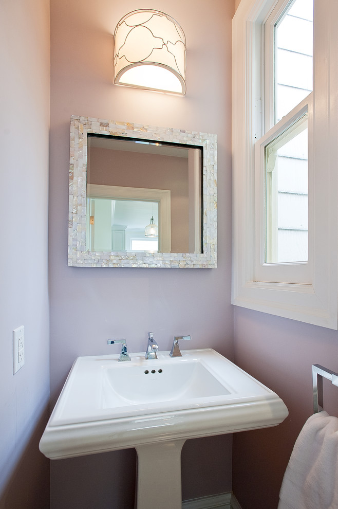 mother of pearl mirror Powder Room Beach with baseboard lavender lilac mother