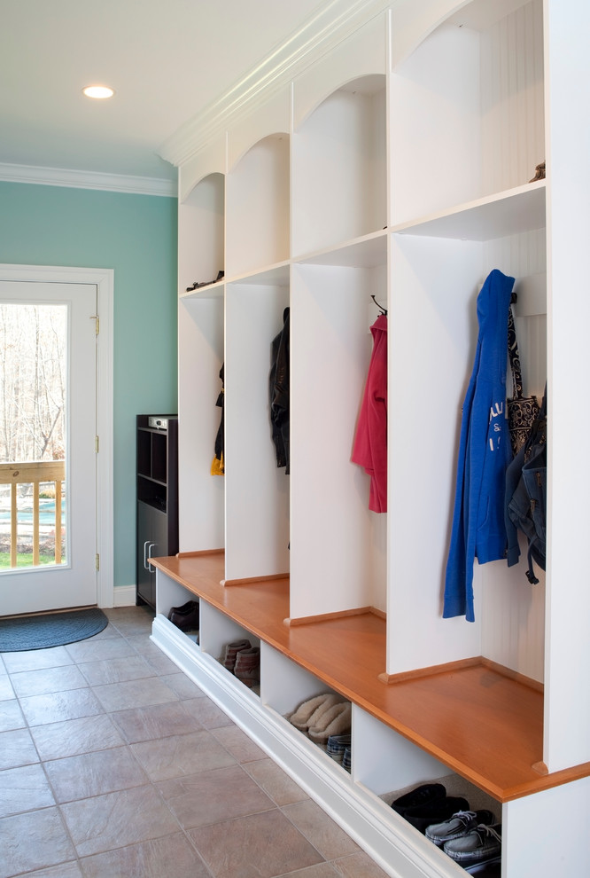 Mud Room Cubbies Entry Traditional with Beadboard Bench Blue Walls