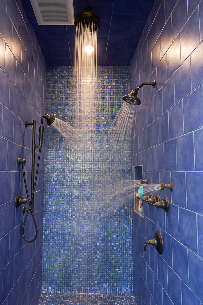 Multi Jet Shower Bathroom Contemporary with Blue Tile Dark Hardware