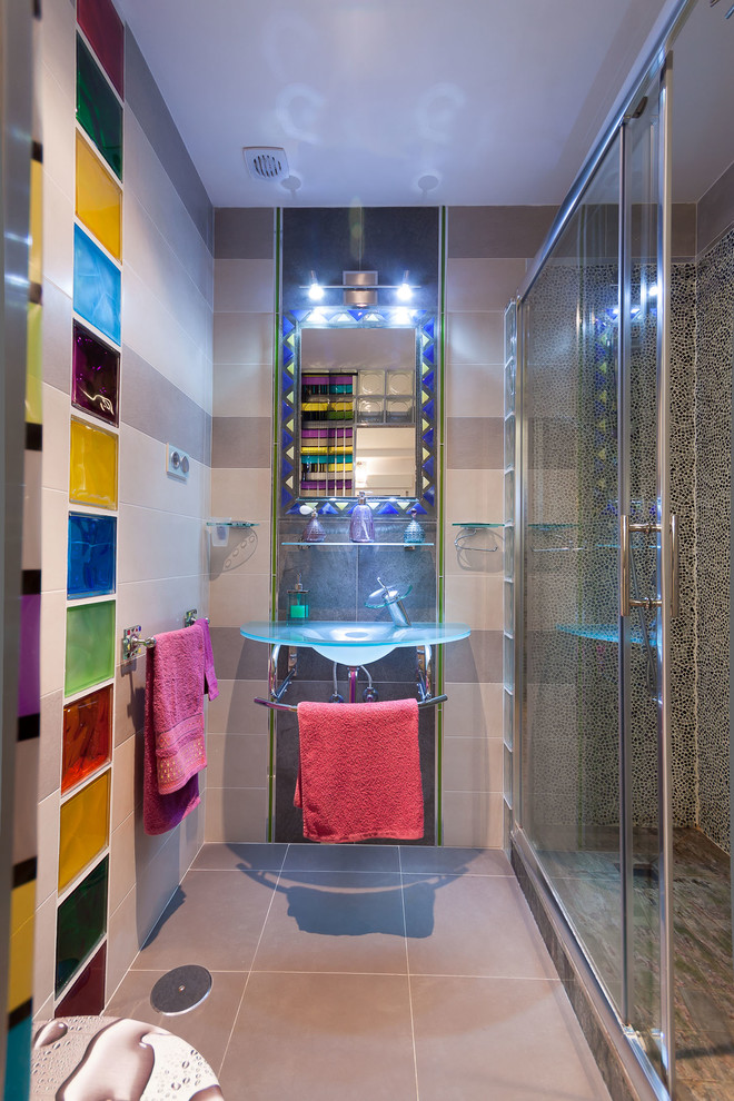 Multi Jet Shower Bathroom Modern with Beige Tile Floor Bright