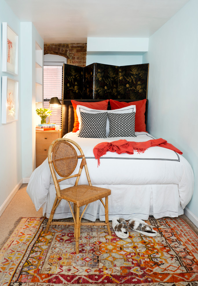 Narrow End Table Bedroom Eclectic with Antique Rug Artwork Built In