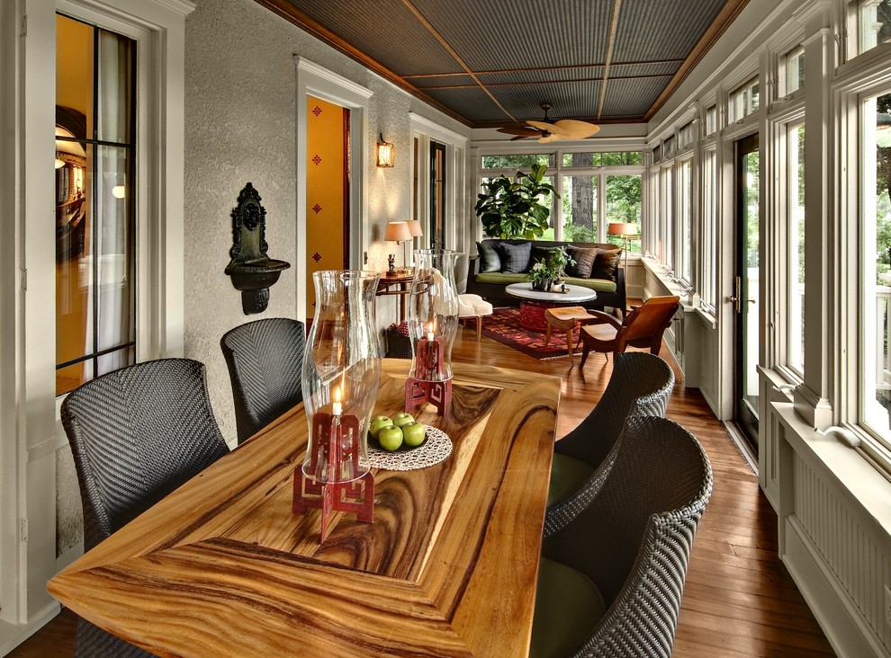 Narrow Outdoor Dining Table Sunroom Traditional with Beadboard Ceiling Treatment Centerpiece