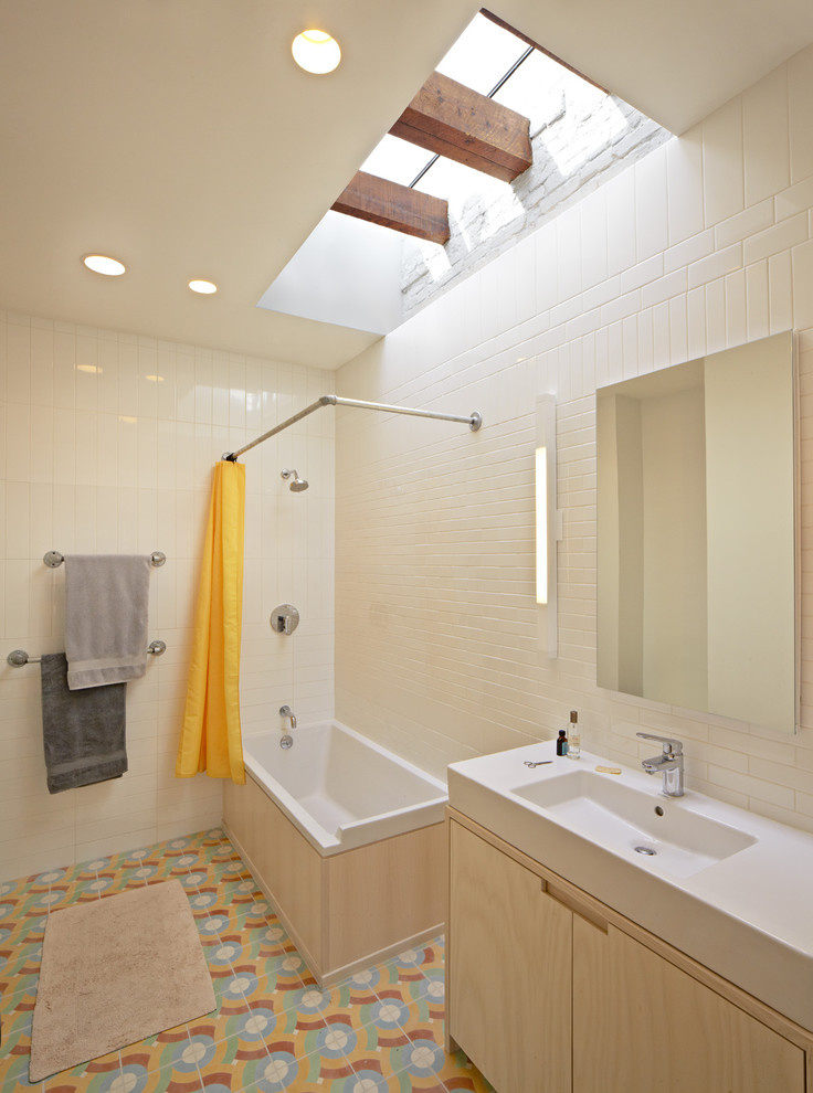 Narrow Vanity Sink Bathroom Eclectic with Accent Tile Bathroom Lighting