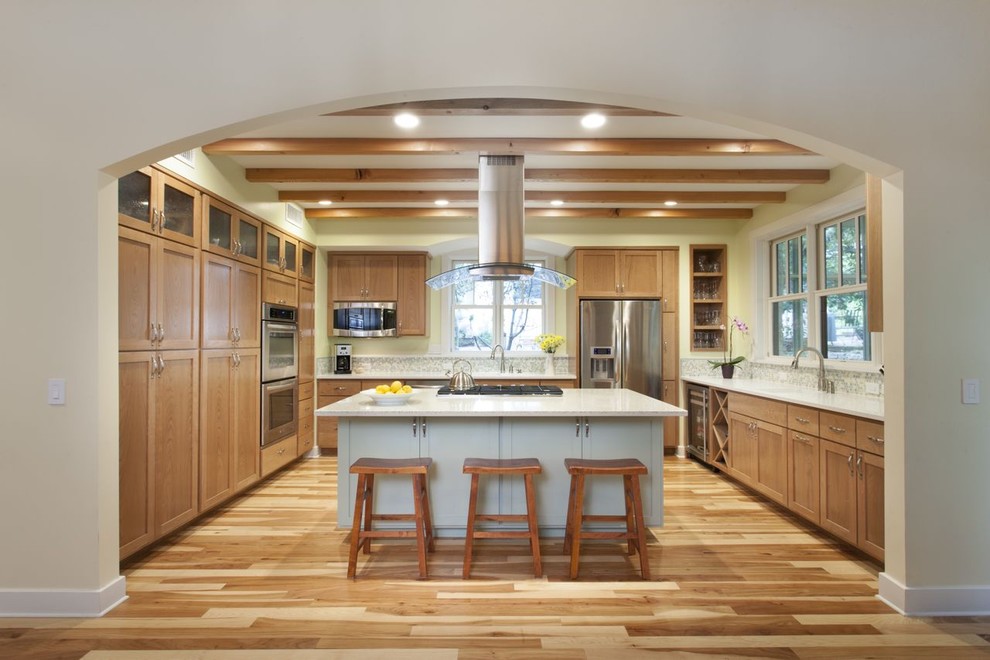 Natural Cherry Kitchen Cabinets Kitchen Contemporary with Archway Baseboards Breakfast Bar