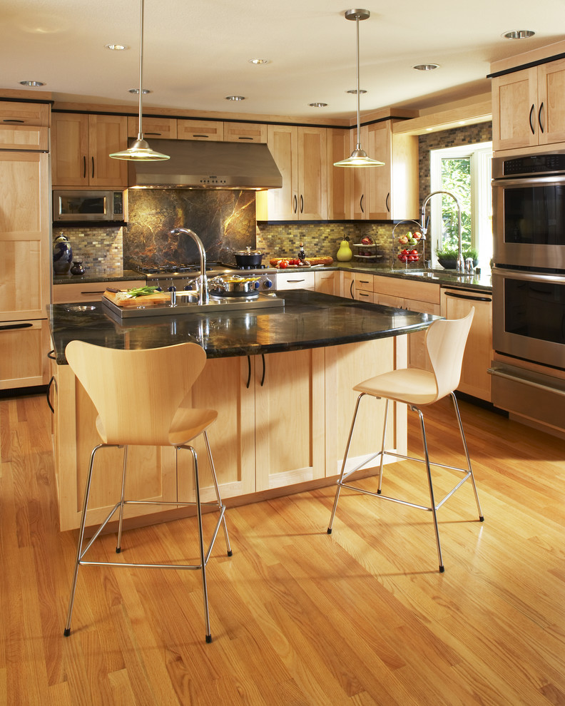 Natural Maple Kitchen Cabinets Kitchen Contemporary with Backsplash Bar Stools Black