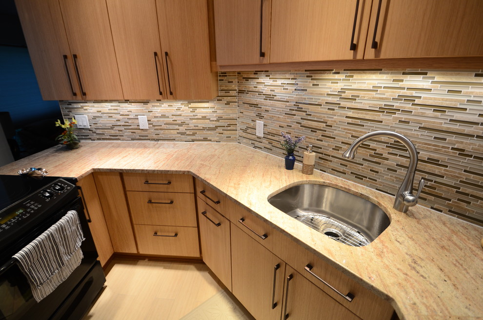 Natural Oak Cabinets Kitchen Contemporary with Angles Big Drawers Black