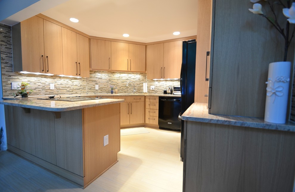 Natural Oak Cabinets Kitchen Contemporary with Angles Big Drawers Black1