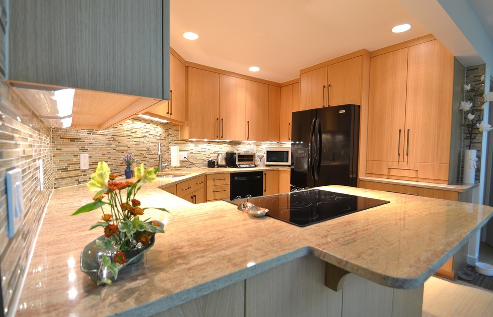 Natural Oak Cabinets Kitchen Contemporary with Big Drawers Black Appliances