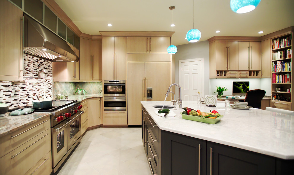 Natural Oak Cabinets Kitchen Contemporary with Built in Shelves Bullet Tile