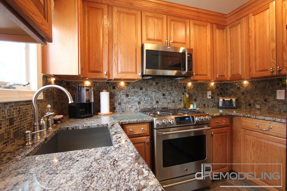 Natural Oak Cabinets Kitchen Traditional with Glass Tile Granite Kitchen