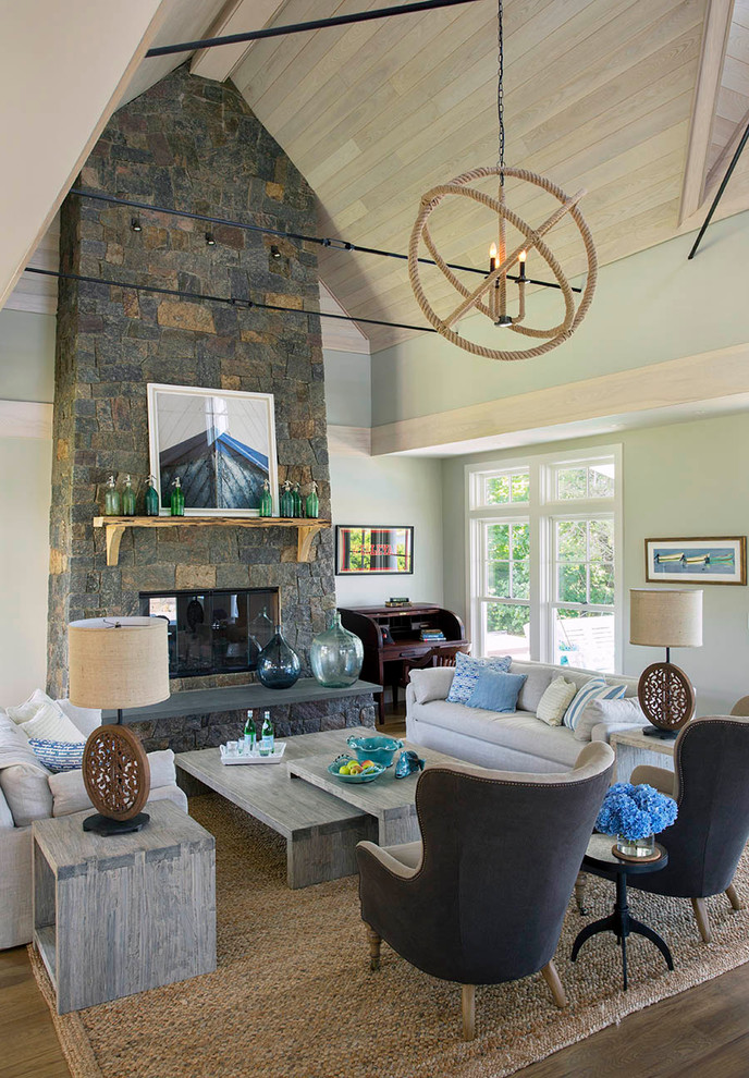 Natural Stone Fireplace Living Room Contemporary with Blue Painted Wall Coastal