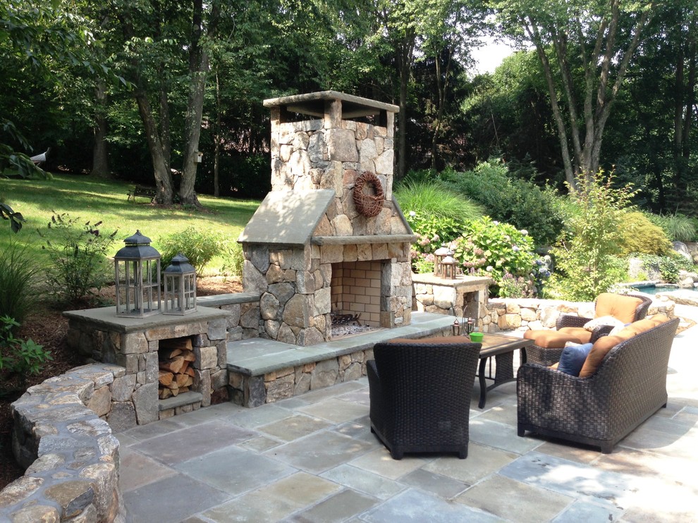 Natural Stone Fireplaces Patio Traditional with Fireplace Firewood Storage Flagstone