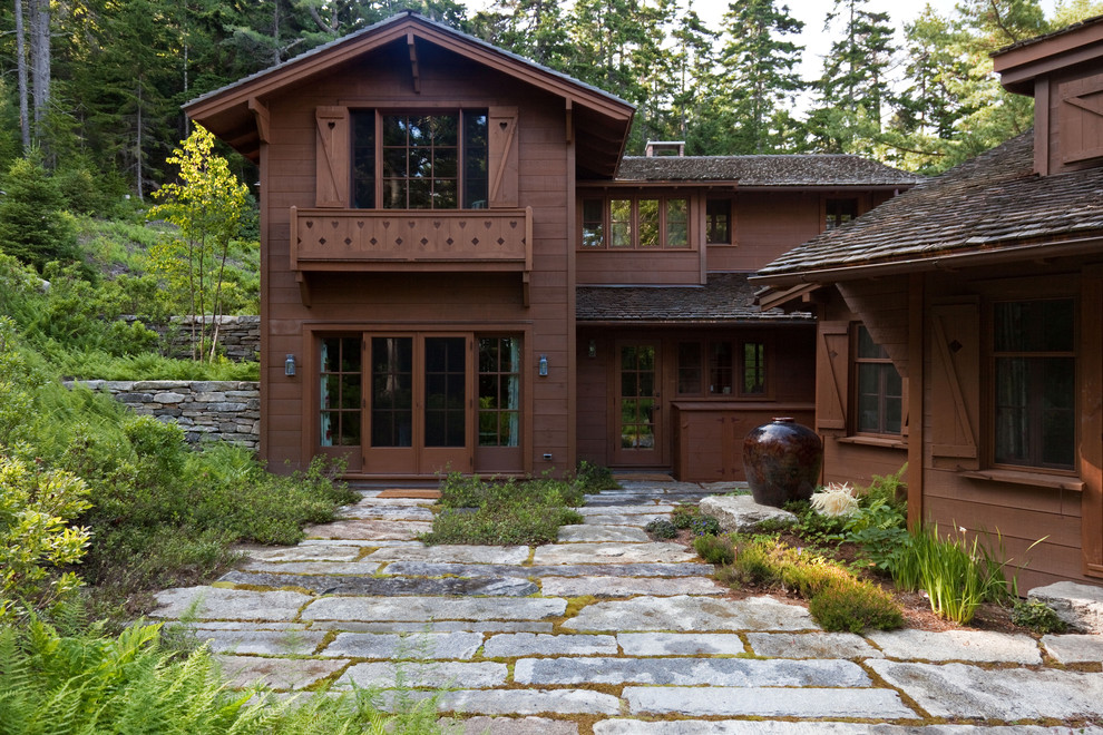 Natural Stone Pavers Landscape Rustic with Dark Wood Exterior Native