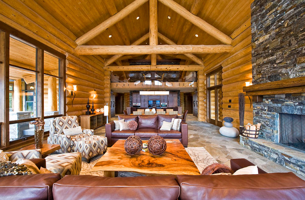 Natural Wood Coffee Tables Living Room Rustic with Large Windows Leather Sofa