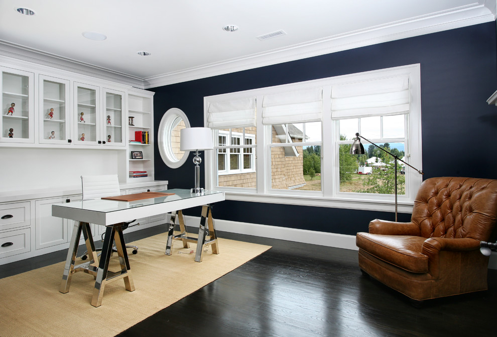 Navy Kitchen Cabinets Home Office Contemporary with Black Stained Wood Floor