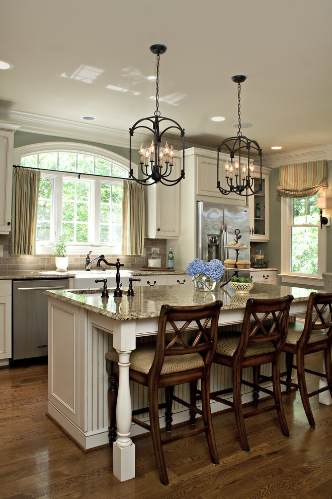 New Venetian Gold Granite Backsplash Ideas Kitchen Traditional with Beadboard Breakfast Bar Distressed