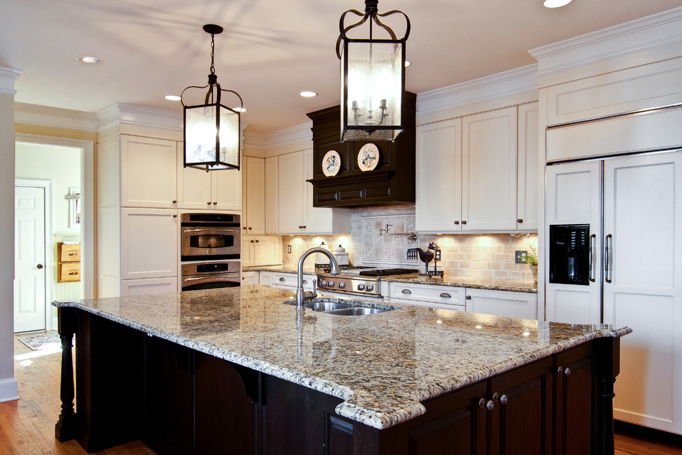 New Venetian Gold Granite Backsplash Ideas Kitchen Traditional with Brown and Cream Kitchen