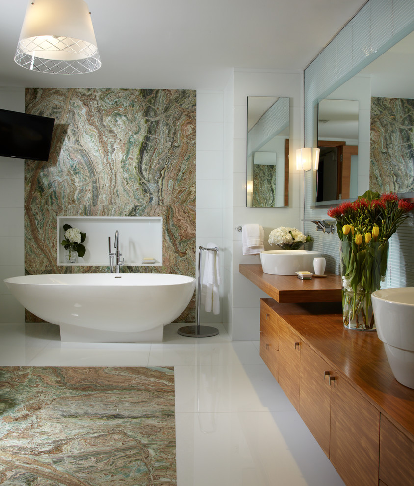 New York Interior Design Firms Bathroom Contemporary with Accent Wall Floating Shelf