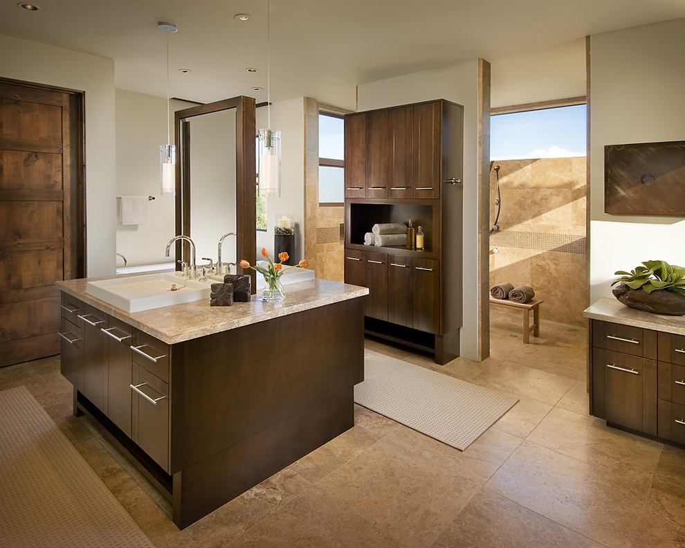 Noce Travertine Tile Bathroom Contemporary with Double Sink Drawer Pull